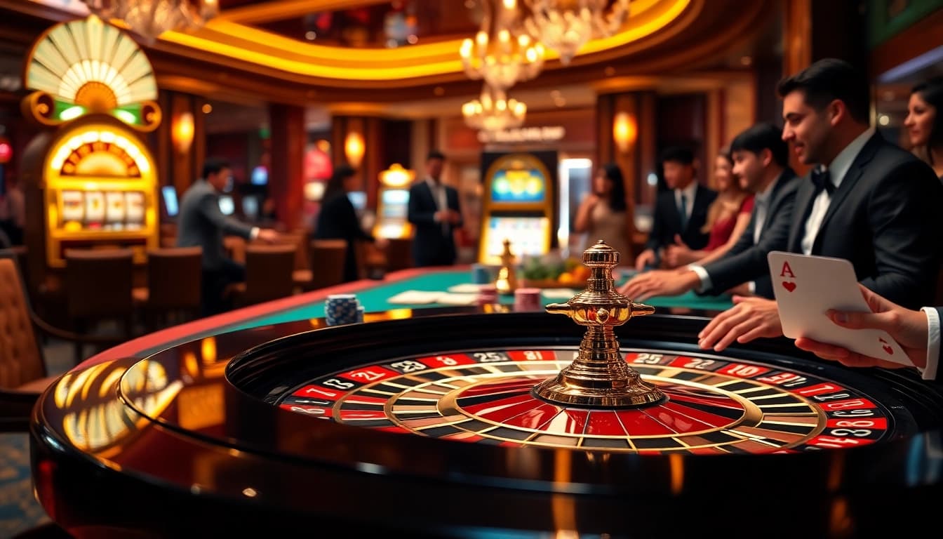 Experience the excitement of online gaming at https://luck8.name/ with a vibrant casino scene showcasing roulette and poker.