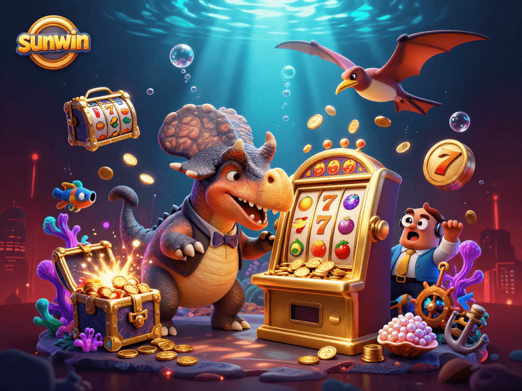 sunwin captivates players with a dazzling jackpot scene featuring dynamic dinosaurs and golden slot wins