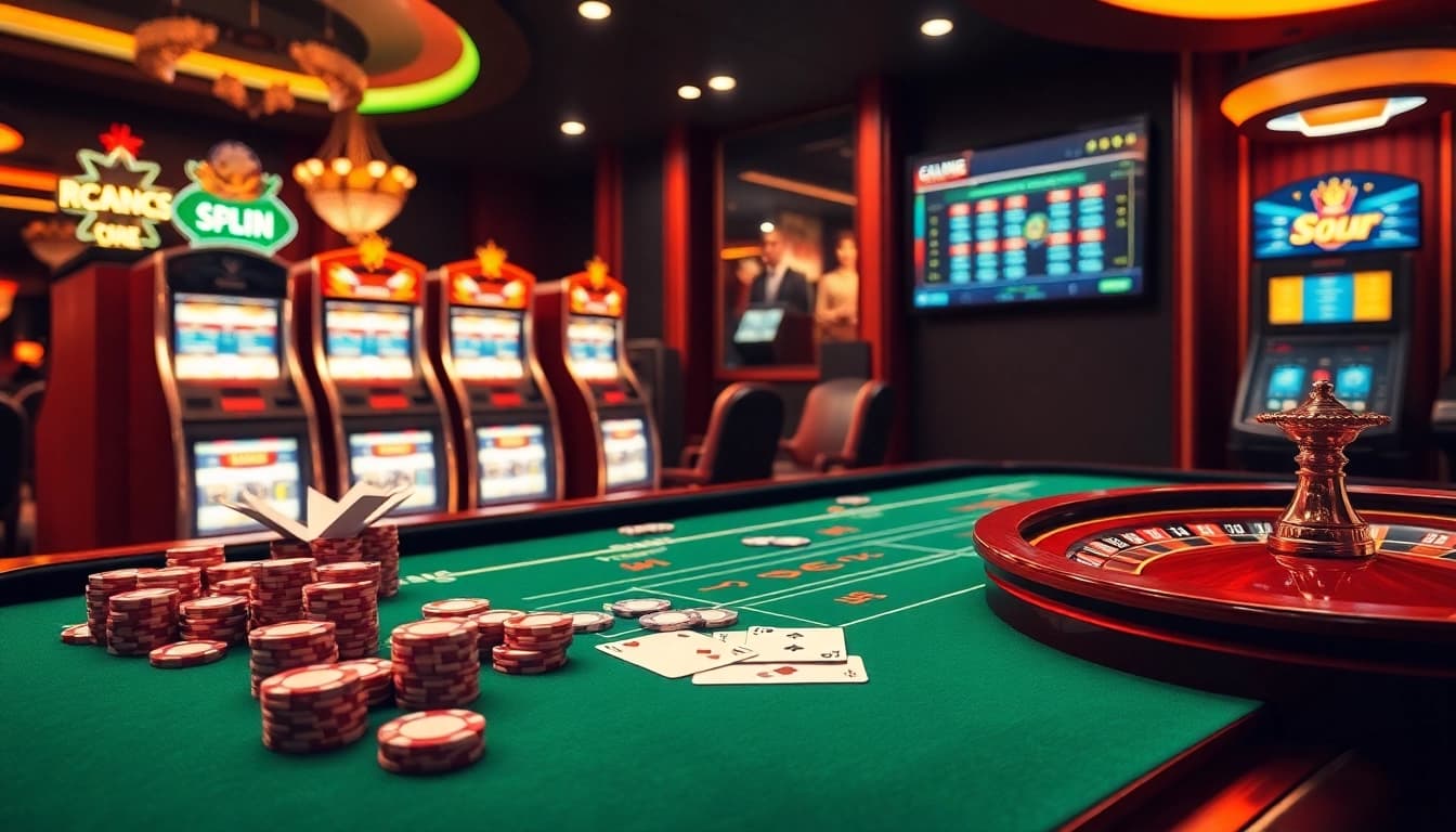 Players engage with S8 casino elements at an elegant gaming table featuring poker chips and cards.