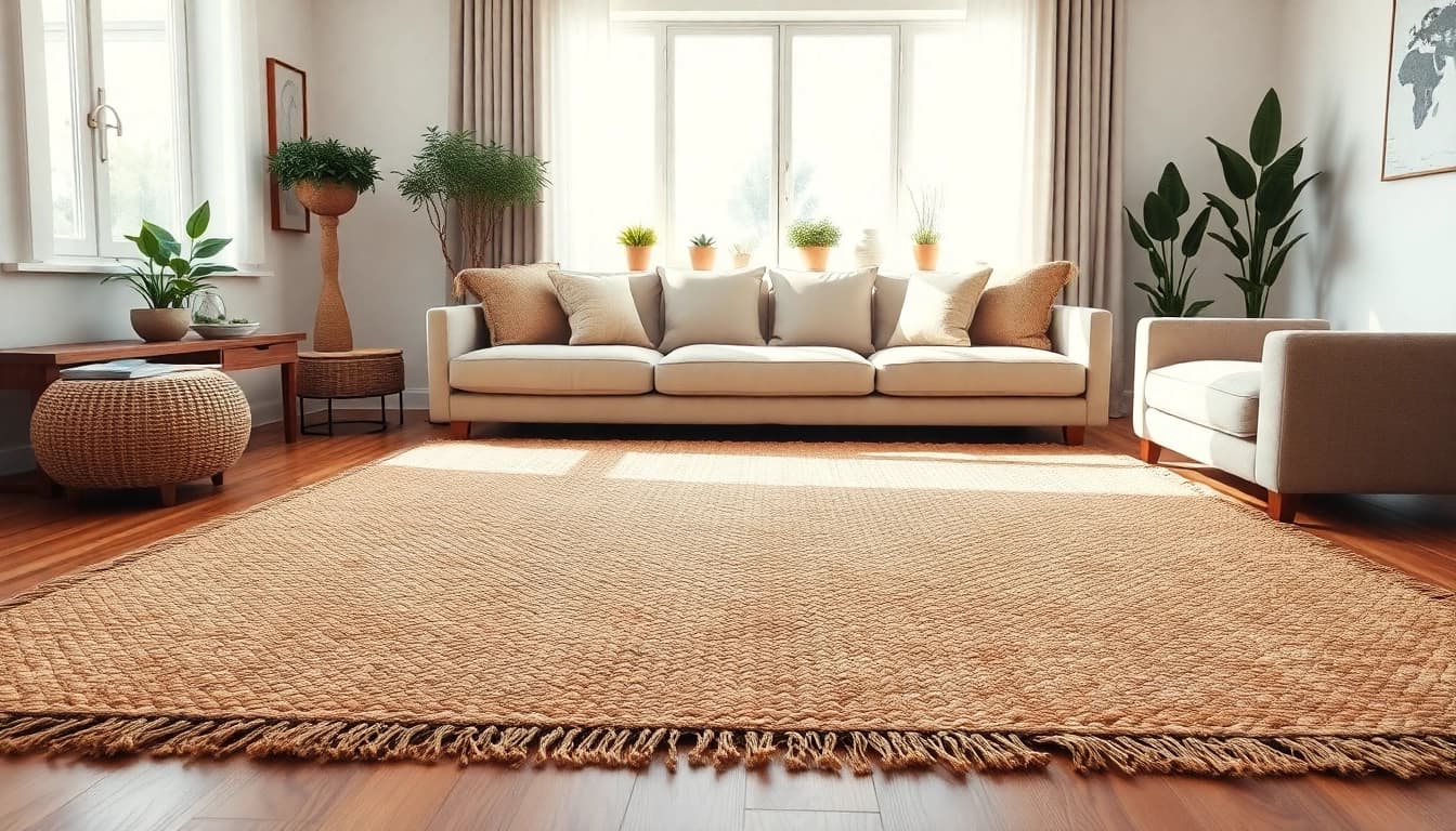 Hanfmatte in einem modernen Wohnzimmer, betont durch eine warme, einladende Atmosphäre.