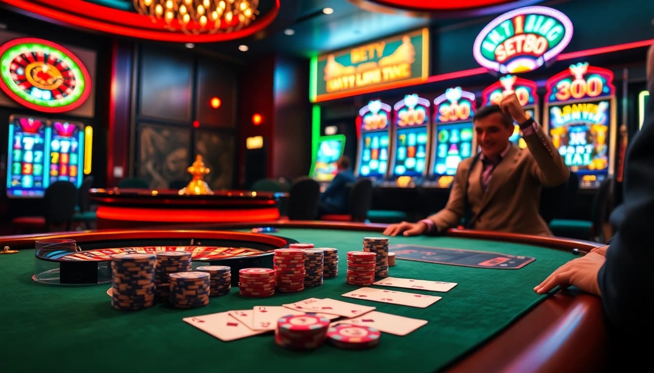 BET88 players enjoying high-stakes poker at a luxurious casino table, capturing the thrill of online gambling.