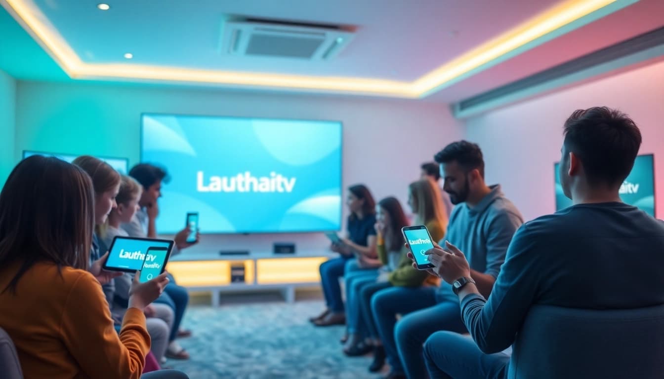Interactive scene of diverse users enjoying Lauthaitv on various devices, showcasing modern entertainment.