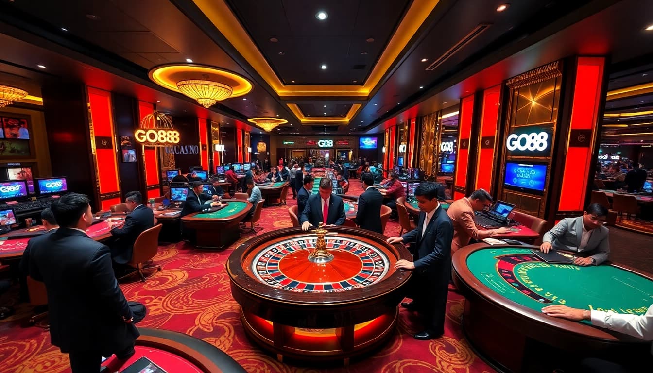Players enjoying the excitement of Go88 at a vibrant casino, with roulette tables and stacks of chips.