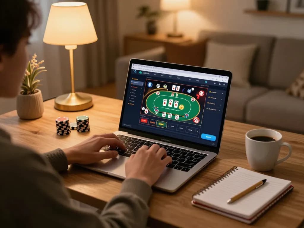 Engaging online gambling session at https://va88.uno/ with laptop display showing poker gameplay