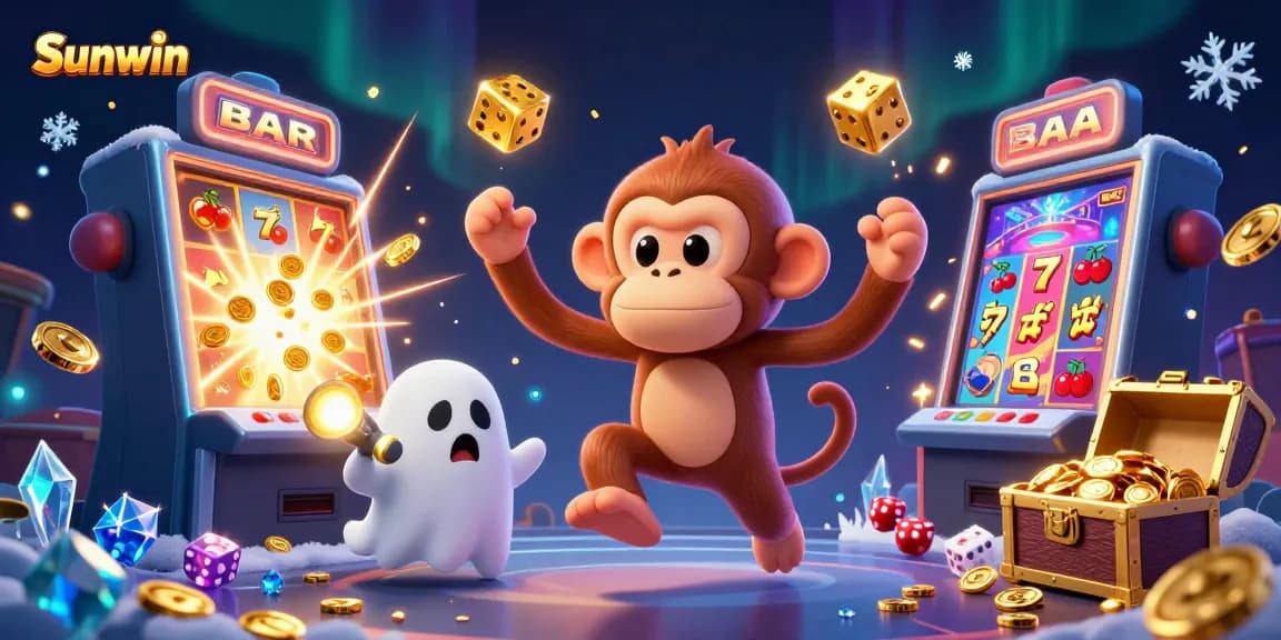 Sunwin's vibrant casino scene showcases a playful poltergeist and puppy tracking shimmering treasures.