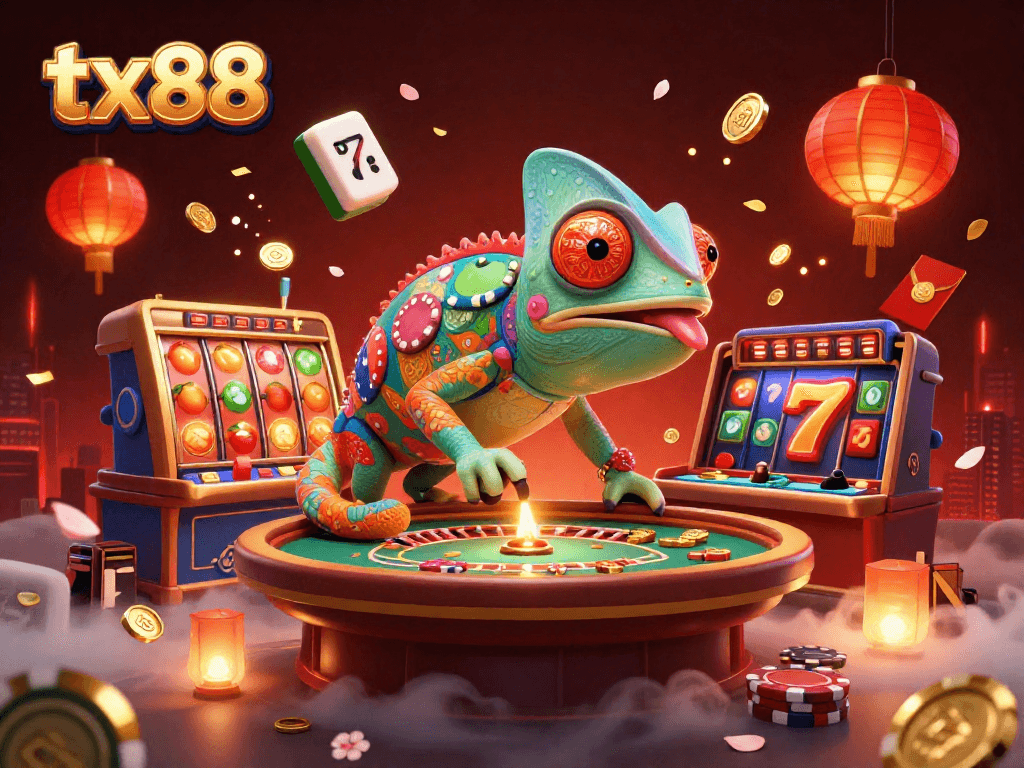 Engage with tx88's vibrant casino scene featuring a chameleon owner and dynamic slot elements.