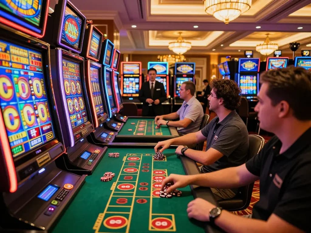 Players engaging at a lively nổ hũ gaming area in a luxurious casino, showcasing excitement and strategy.