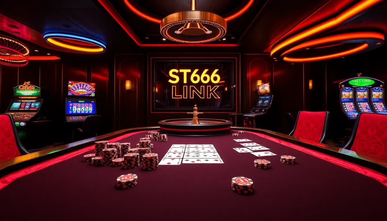 Engage in thrilling gameplay with the ST666 LINK in a vibrant casino atmosphere featuring poker tables and roulette.