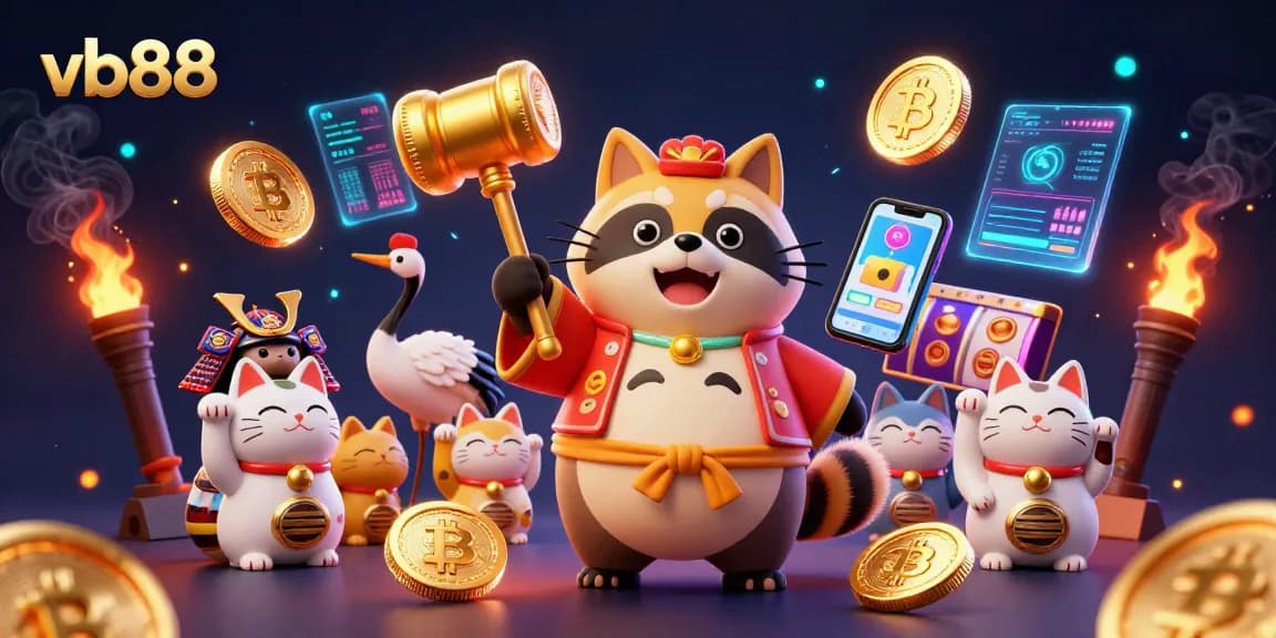 Spin the reels with vb88's vibrant gaming scene, showcasing a tanuki and lucky symbols.