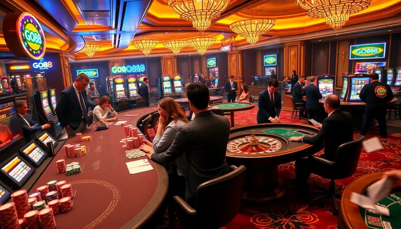 Experience the excitement of GO88 gambling with players at poker tables and vibrant slot machines.