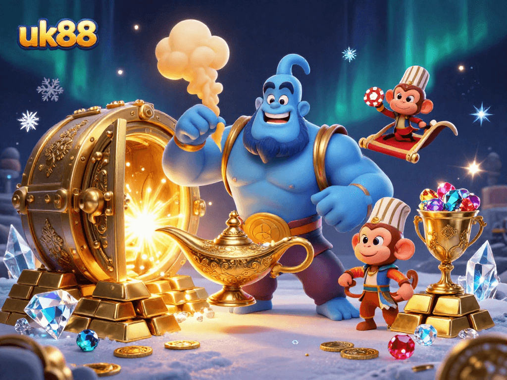 Experience thrilling gameplay with uk88, showcasing a magical casino scene of a genie and treasures.