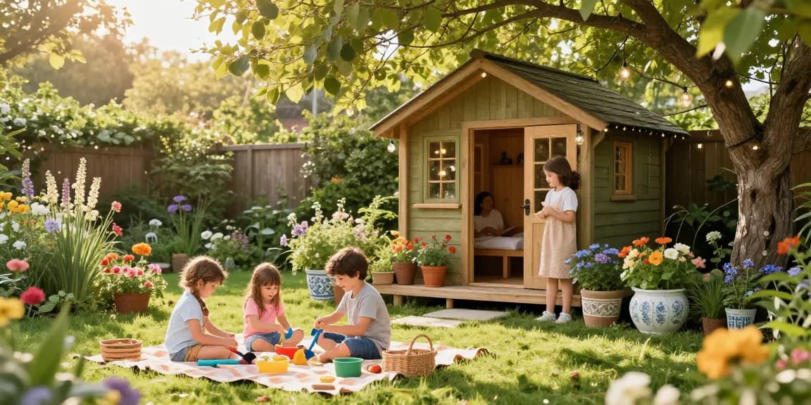 Gartenhäuser aus Holz in blühendem Garten mit spielenden Kindern und einem Picknick.