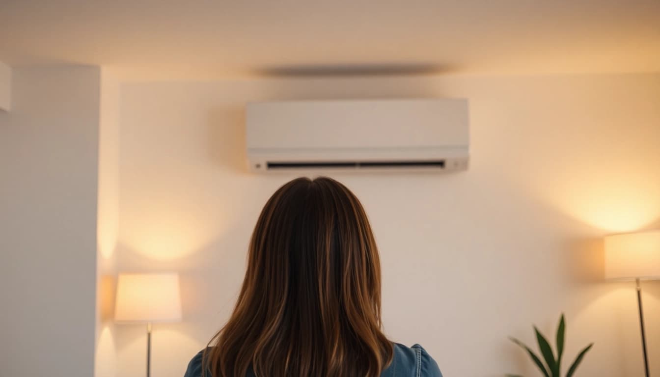 Klimaanlage im modernen Wohnzimmer mit sanftem Licht und eleganter Ausstattung