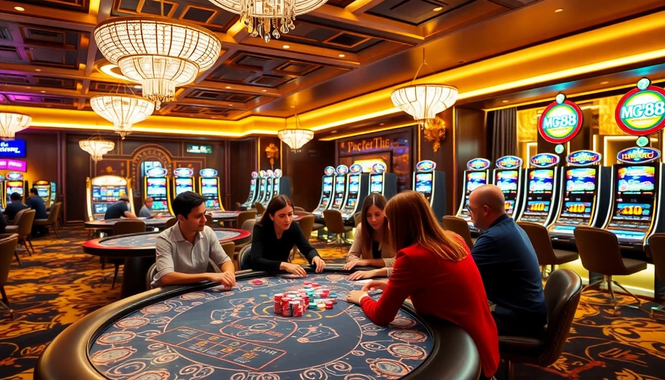 Players winning at mv88 casino with vibrant poker chips and cards on an elegant table.