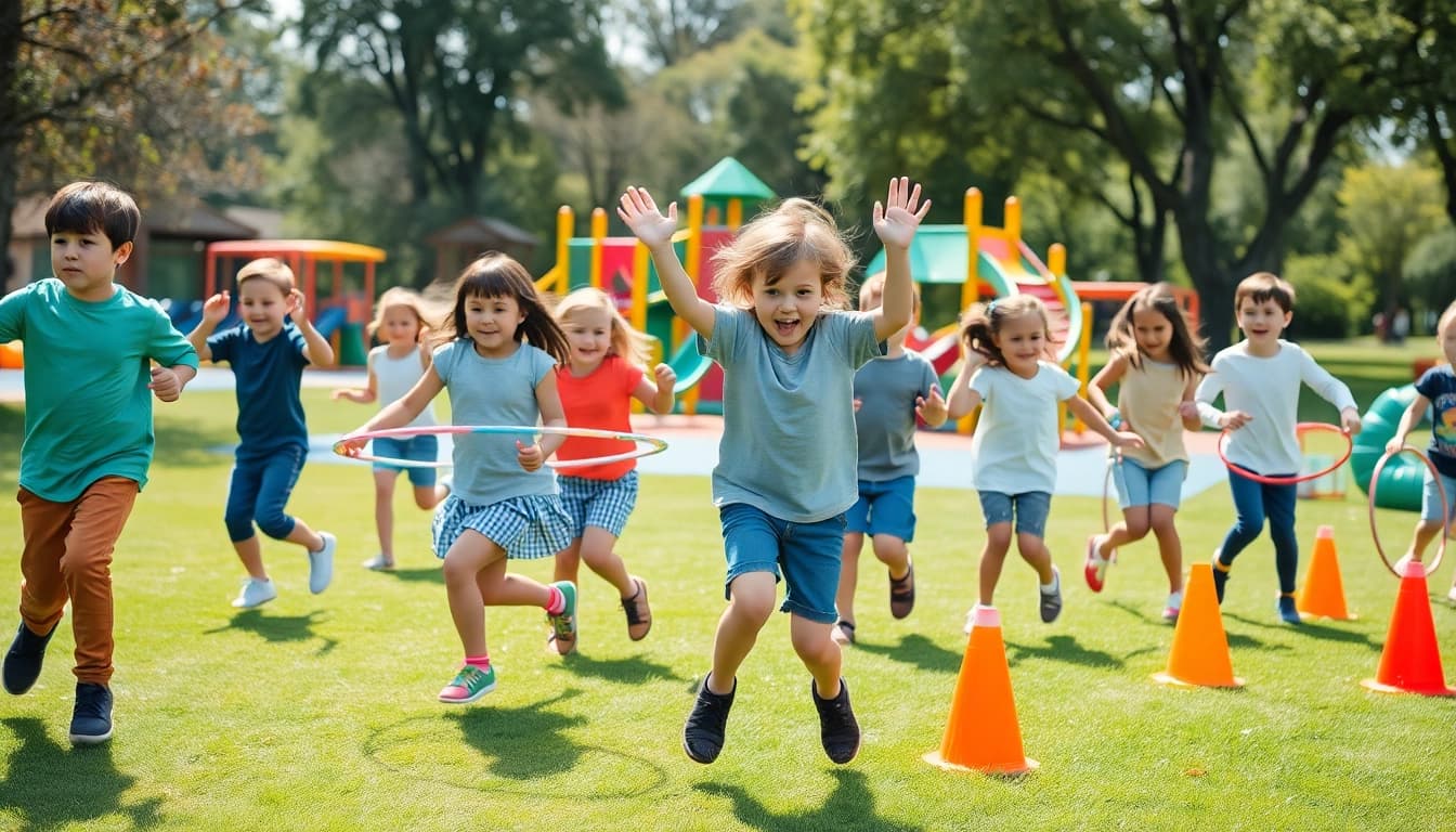 Jetzt Details ansehen zu Kindern, die aktive Bewegungsspiele im Freien spielen.