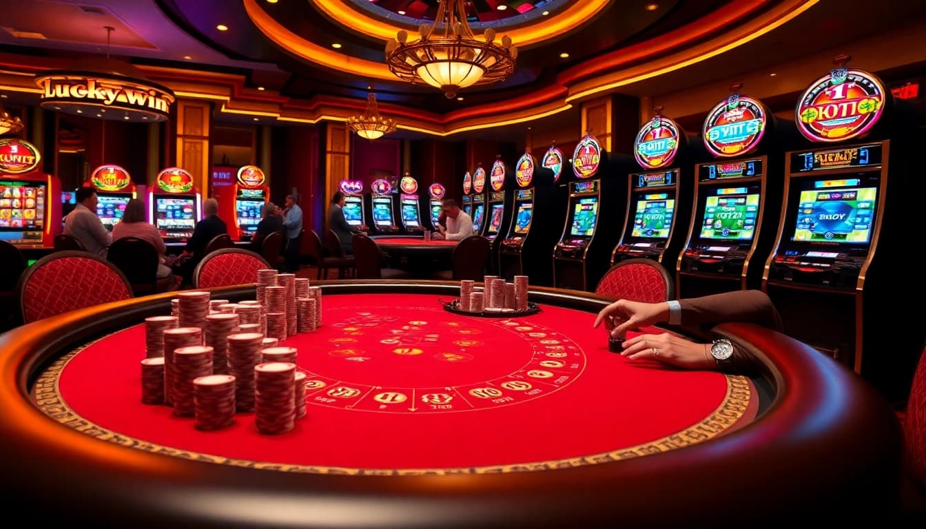 Action-packed scene at Luckywin casino highlighting players betting at a blackjack table with vibrant slot machines.