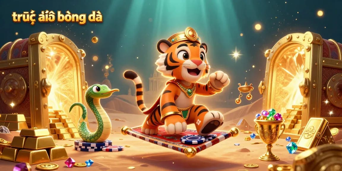 Experience trực tiếp bóng đá with a vibrant scene featuring a tiger sultan on a magic carpet amidst treasures.