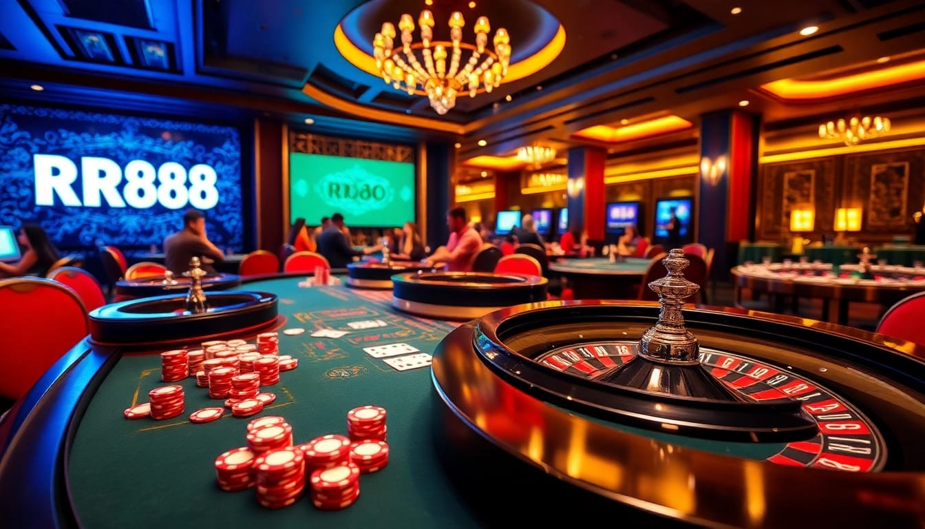 RR88 gaming scene with poker cards and roulette, showcasing vibrant casino excitement