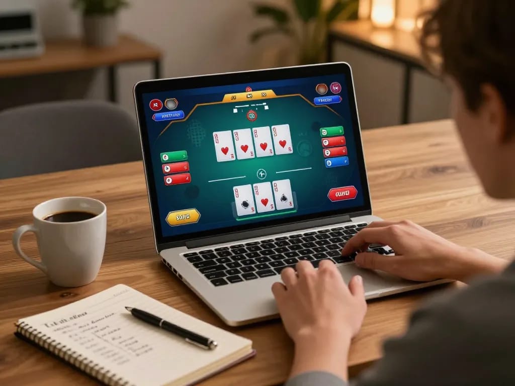Player engaging with poker game on SC88 platform while studying strategy notes
