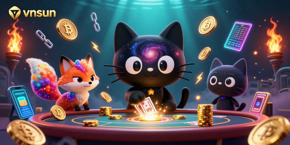 Experience the excitement at vnsun with a cosmic casino scene featuring a black hole cat and nebula fox.