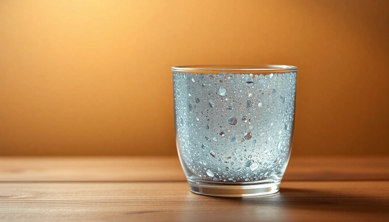 Kolloidales Silber in einem Glasbehälter, hochwertige Präsentation des Silberwassers zur Förderung von Gesundheit und Wohlbefinden.
