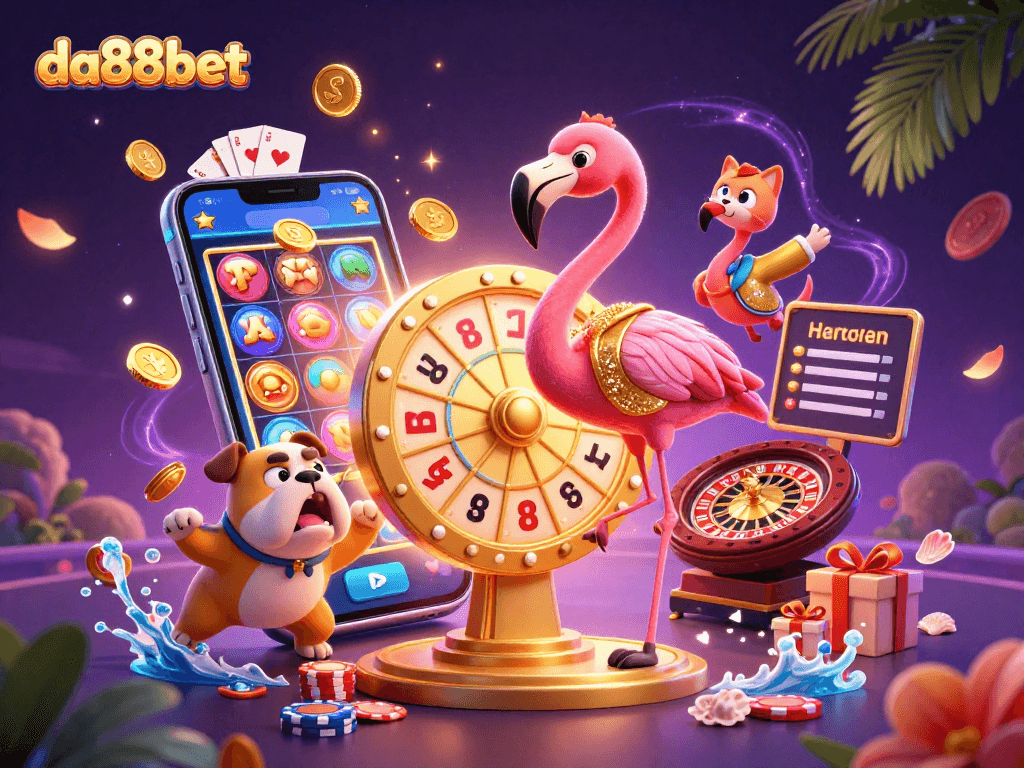 Engage with da88bet through an exciting casino scene featuring a game show host and vibrant gaming elements.