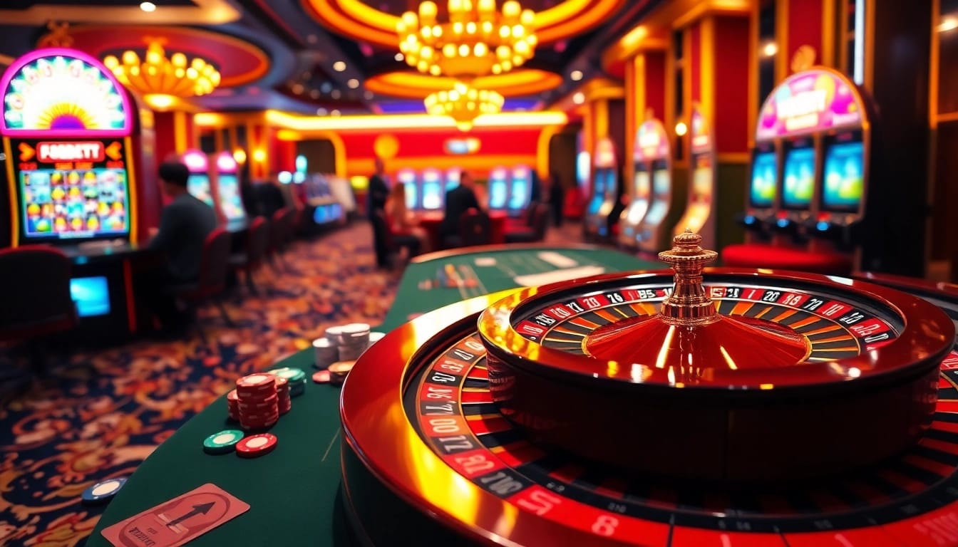 Engaging scene of casino excitement with roulette and poker chips at F8BET COM.