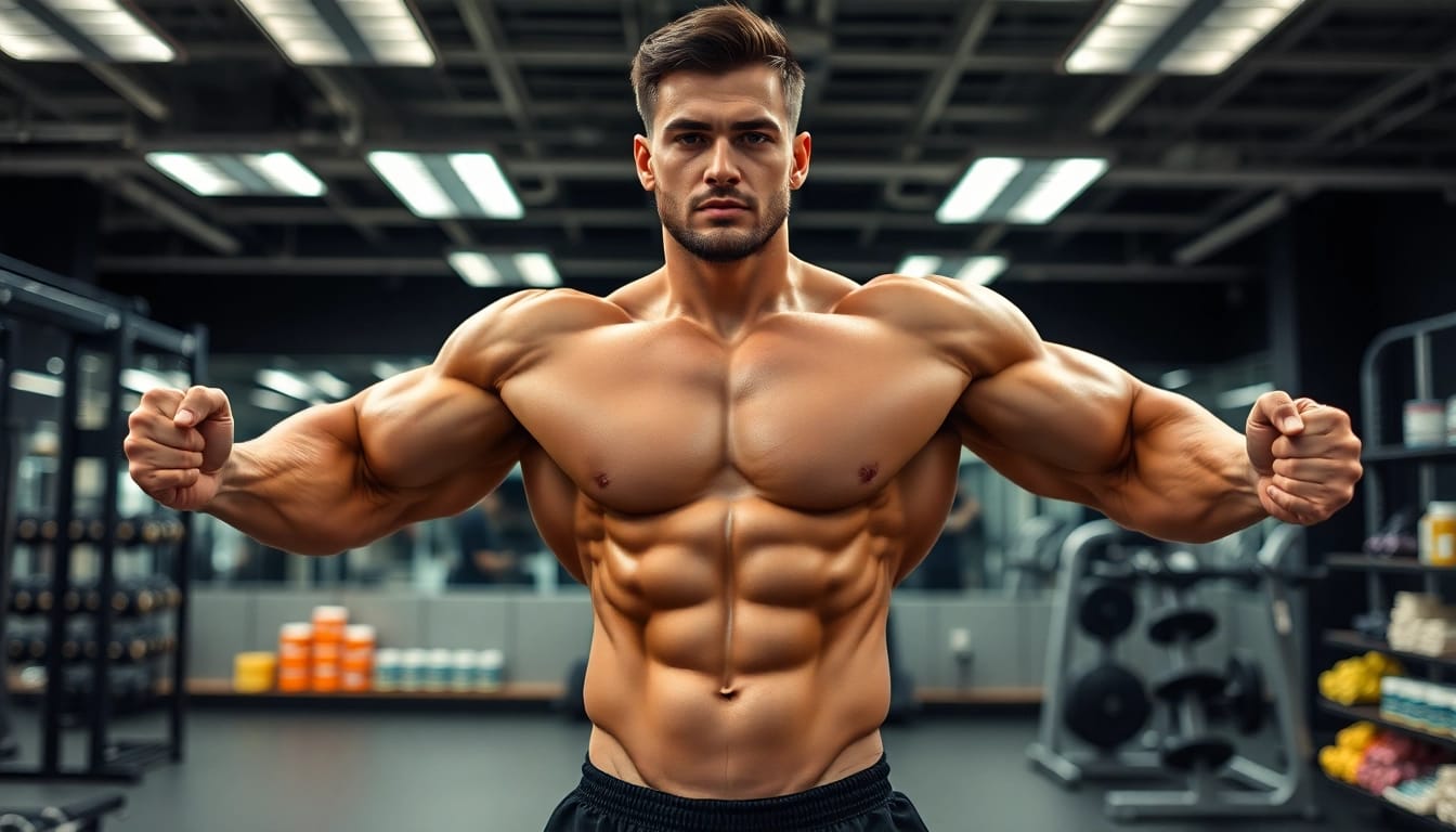 Ein muskulöser Athlet mit Unique Pharma Steroids im Fitnessstudio