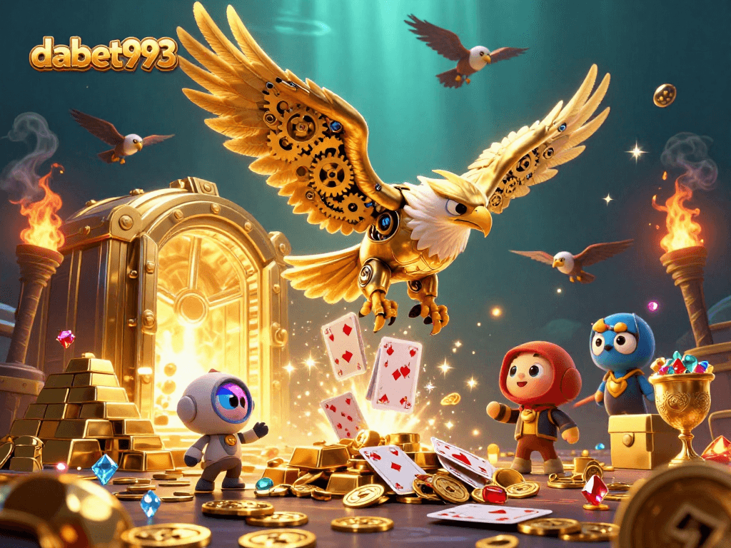 Experience the thrill of dabet993 as the cybernetic eagle dives through sparkling holographic cards.
