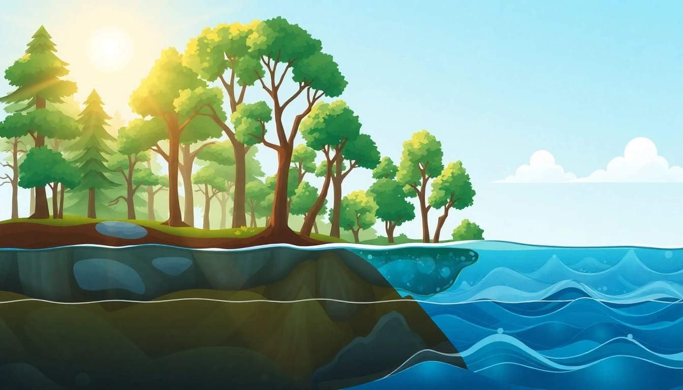 Visual representation of Klima showing forests, skies, and sea levels reflecting climate change awareness.