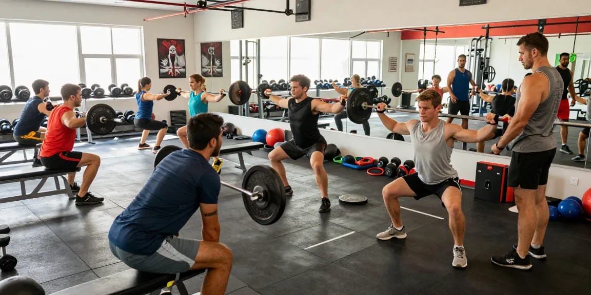 Anabolika Shop scene showcasing diverse bodybuilders actively training in a bright gym, focusing on strength and fitness.