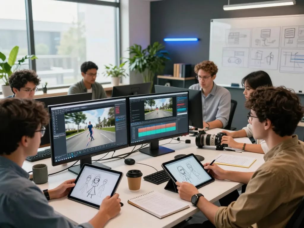 Motion control team collaborating in a high-tech studio creating animated videos with advanced tools.