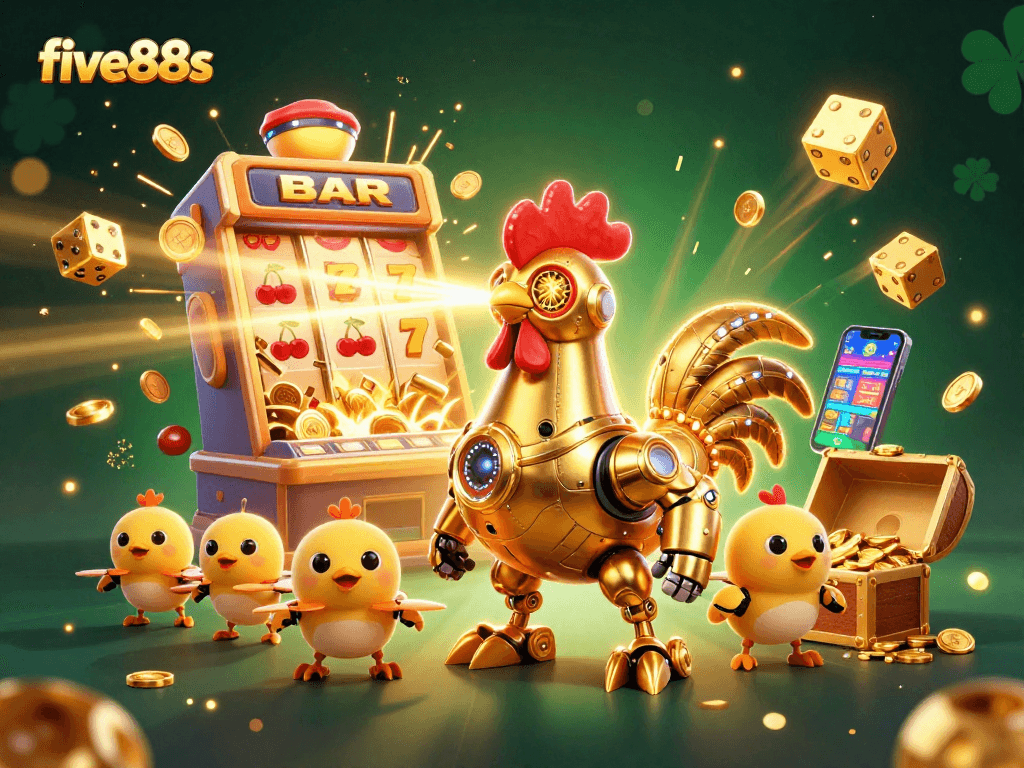 Experience the vibrant action of five88s with a golden rooster robot and baby chick drones in a dynamic casino scene.