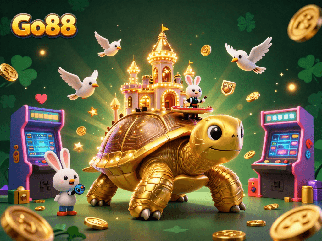 Engage with Go88's thrilling casino experience highlighted by a vibrant 3D illustration of a golden tortoise casino.