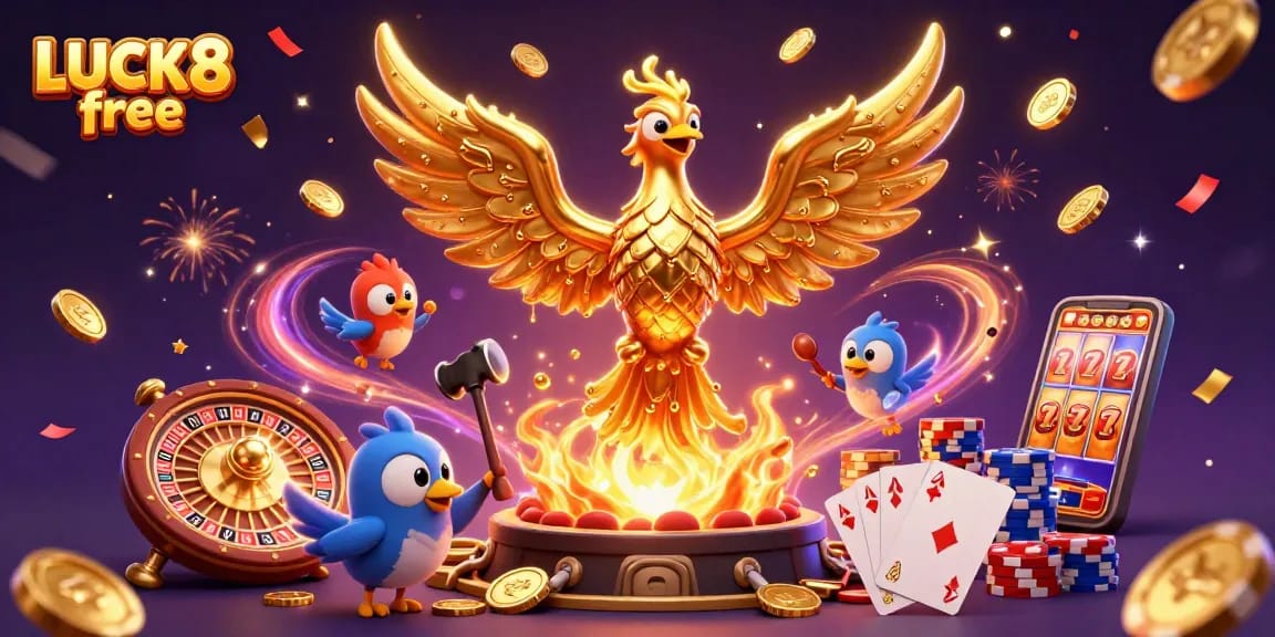 Experience LUCK8 free with immersive casino elements in this vibrant illustration.