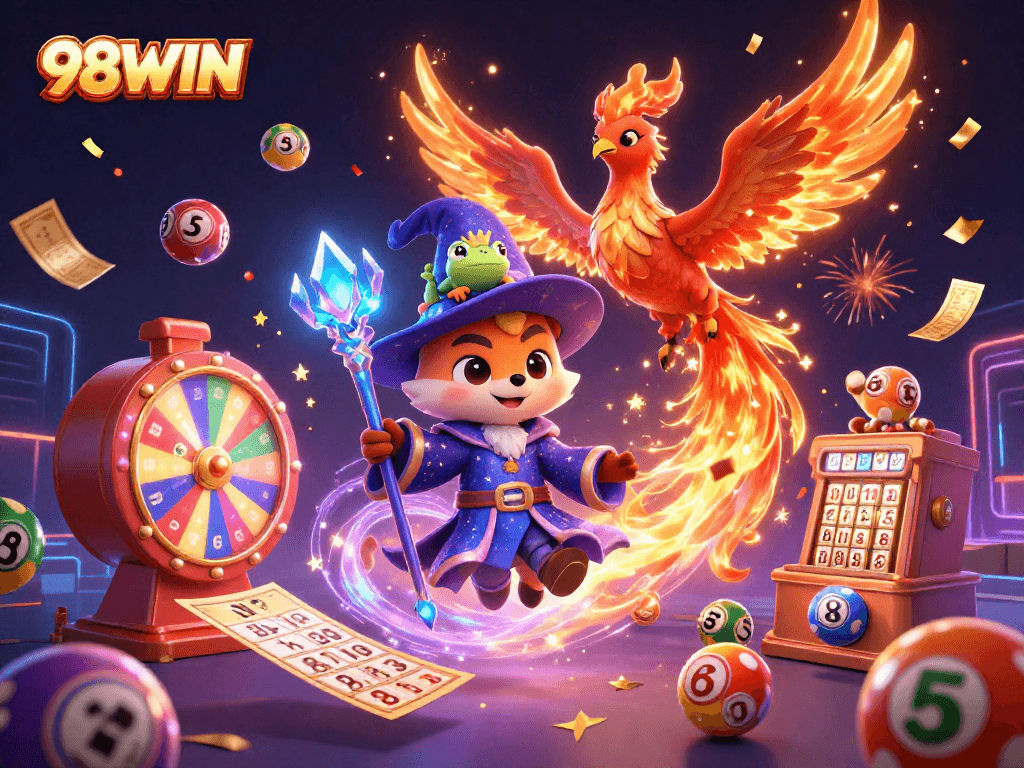 Experience the thrilling games at 98WIN with vibrant lottery balls and rewards in a captivating 3D scene