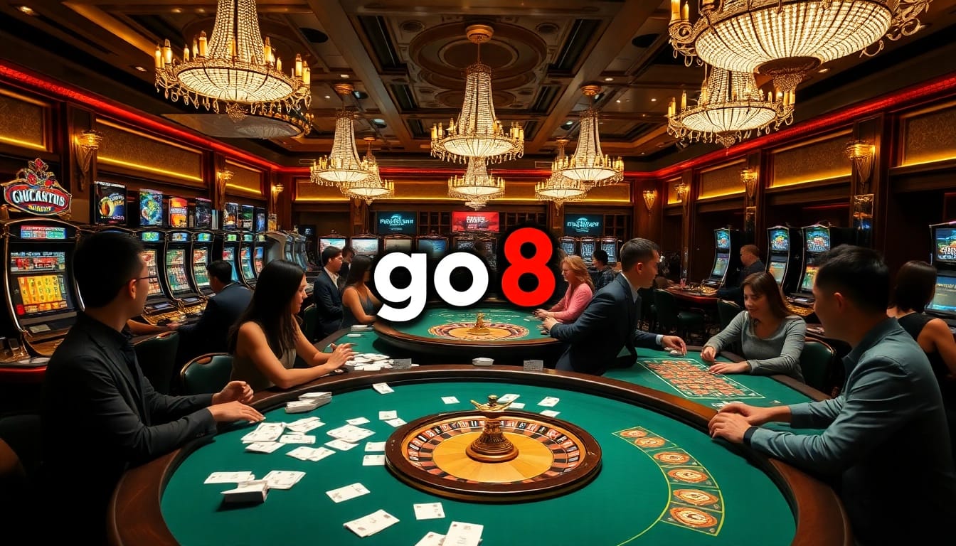 Engage in thrilling gambling at Go8 casino, featuring players at poker and roulette tables with colorful slot machines.