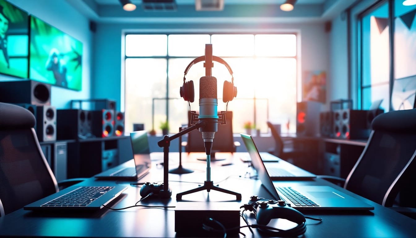 Gaming Podcast Aufnahme in einem modernen Studio mit Mikrofon und technischen Geräten.