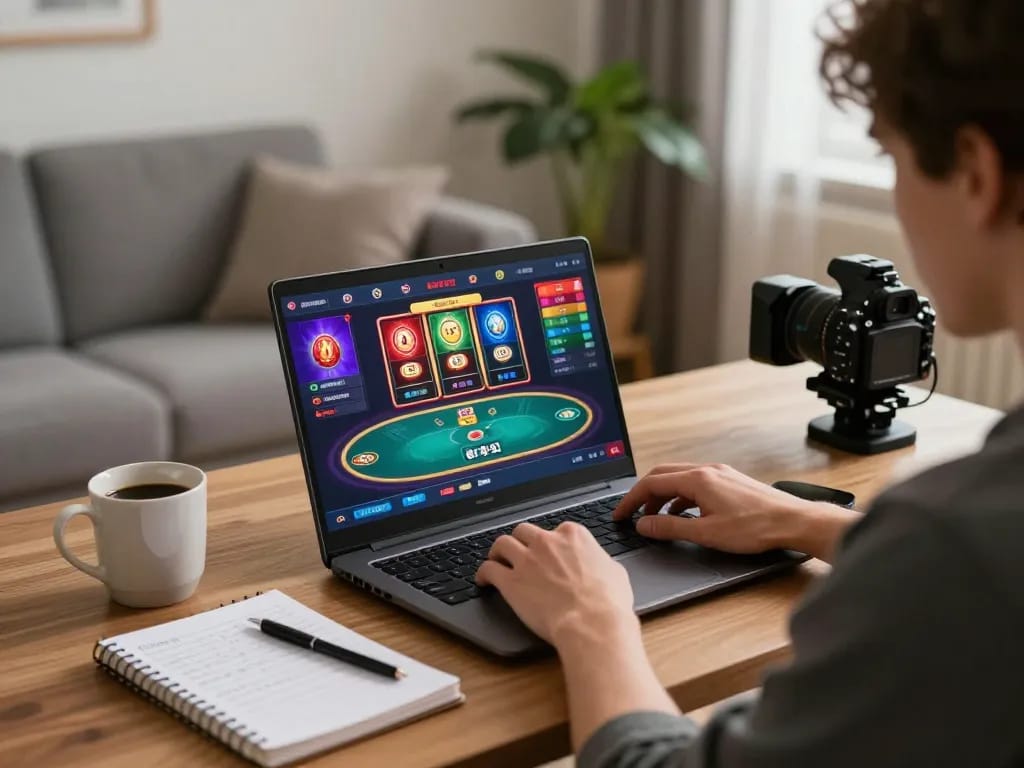 Player enjoying rikvip online casino games on a laptop with a focus on strategic gameplay