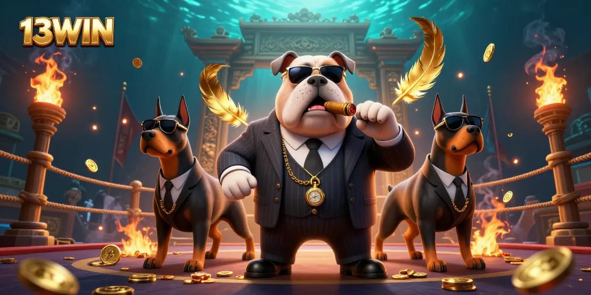 Experience the thrilling action of 13WIN with a dynamic scene of a mafia boss and bodyguards in an immersive gaming arena.