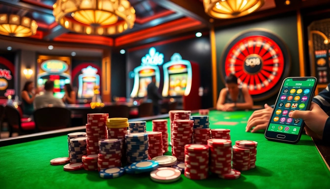 Experience high-stakes poker with SC88 at an elegant casino table, showcasing vibrant chips and a roulette wheel.