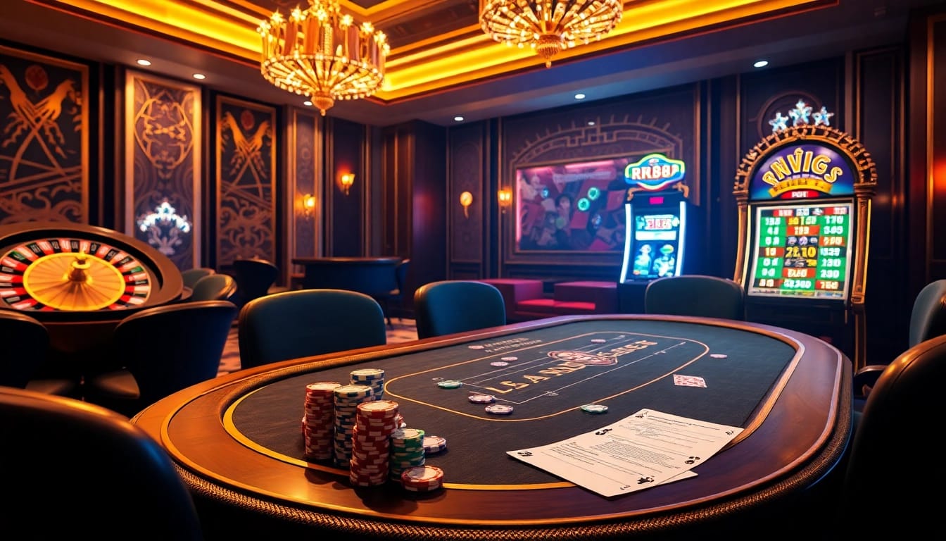 Engaged players at a lavish RR88 casino poker table, surrounded by vibrant gaming elements and luxurious décor.