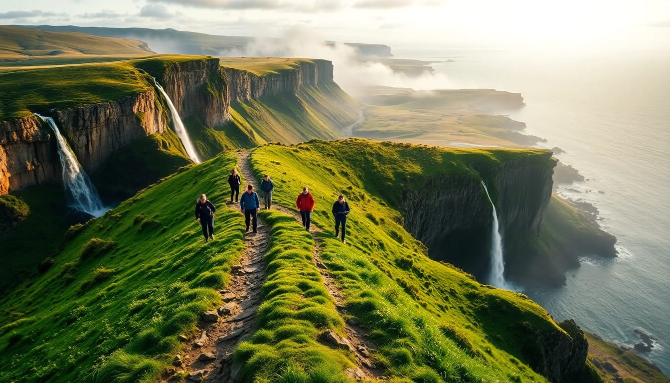 Irland wandern, hikers enjoying breathtaking trails surrounded by stunning cliffs and waterfalls.