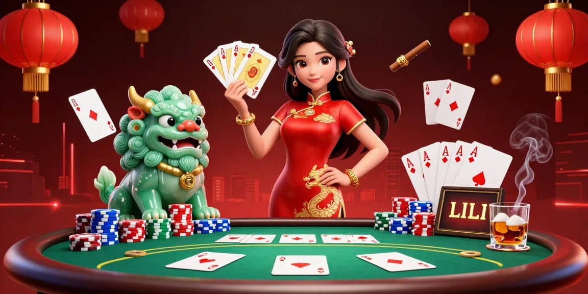 Engage in the thrilling Tai xiu game with an immersive 3D illustration of a crimson qipao-wearing dealer amid vibrant casino elements.