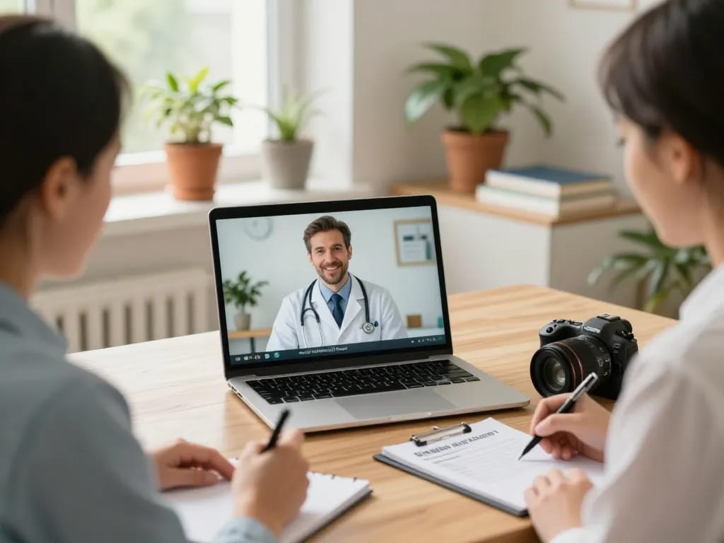 Telemedizinische Beratung für Cannabis auf Rezept zwischen einem Patienten und einem Arzt, die ein einladendes Heimbüro zeigt.