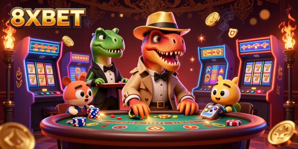 Experience thrilling moments at 8XBET with a cartoon velociraptor card counter in a casino.