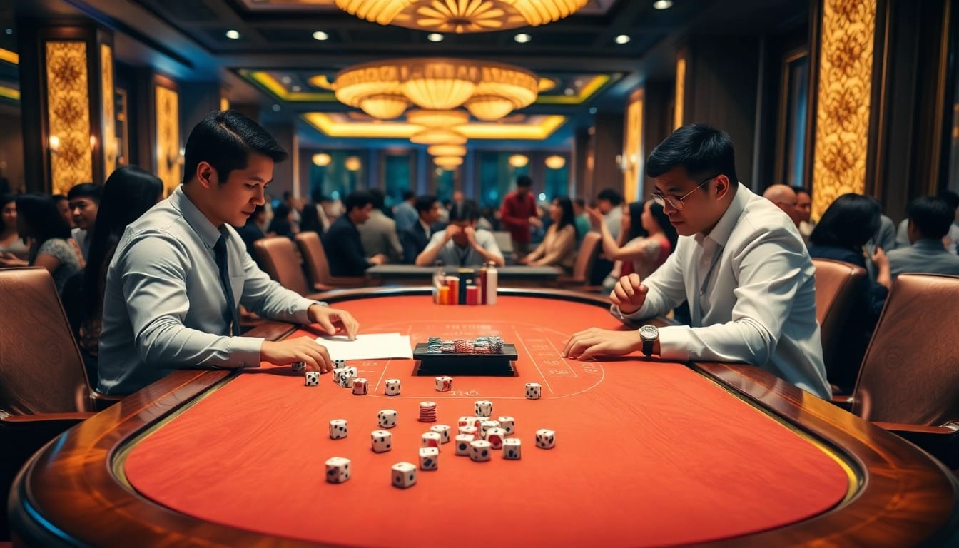 A vibrant casino scene with players enjoying tài xỉu MD5, showcasing excitement and strategy.