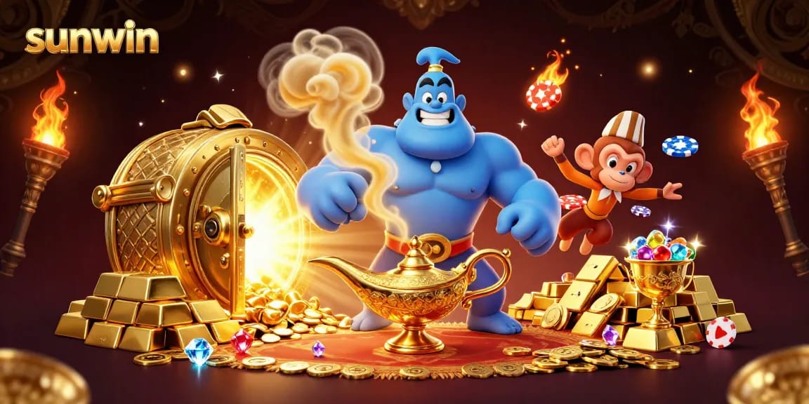 Engage with sunwin through magic and treasures in this vibrant casino-themed illustration.