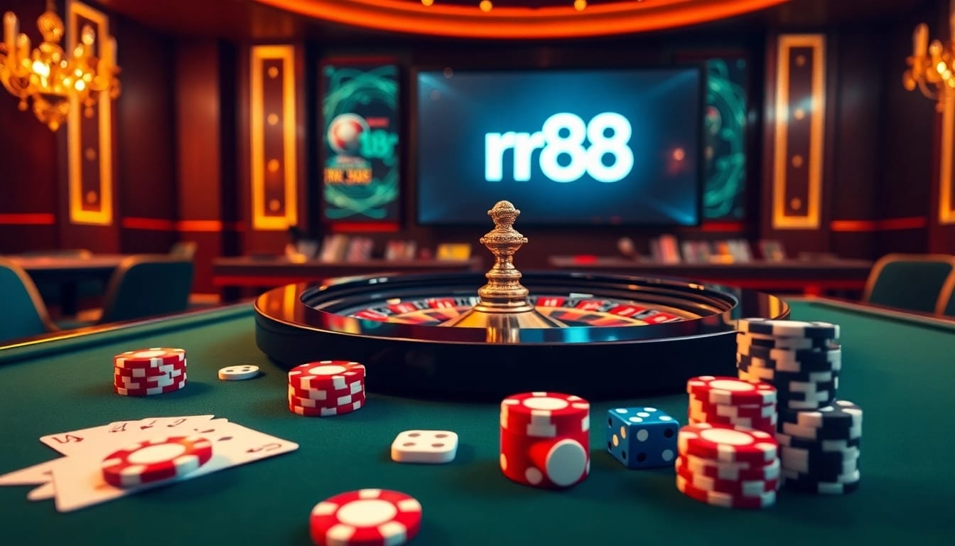 Experience the excitement of rr88 with vibrant casino chips and a luxurious roulette table.