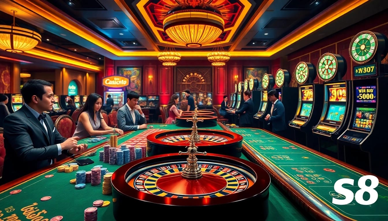 Players enjoying games at Nhà Cái S8, featuring vibrant casino tables and exciting slot machines.